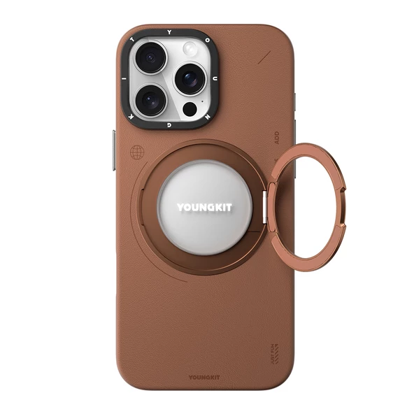 Youngkit Apple iPhone 16 Pro Max Kılıf Magsafe Şarj Özellikli 360° Standlı Basit Mat Deri Desenli Youngkit Tech Leather Serisi Kapak - Resim 6