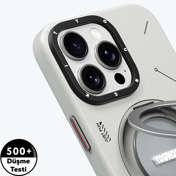 Youngkit Apple iPhone 15 Pro Kılıf Magsafe Şarj Özellikli 360° Standlı Basit Mat Deri Desenli Youngkit Tech Leather Serisi Kapak - Resim 7