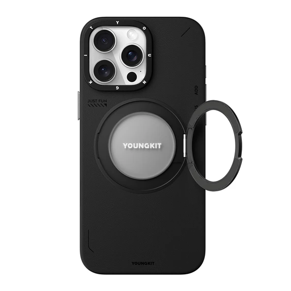 Youngkit Apple iPhone 15 Pro Kılıf Magsafe Şarj Özellikli 360° Standlı Basit Mat Deri Desenli Youngkit Tech Leather Serisi Kapak - Resim 4