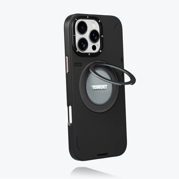 Youngkit Apple iPhone 16 Pro Max Kılıf Magsafe Şarj Özellikli 360° Standlı Basit Mat Deri Desenli Youngkit Tech Leather Serisi Kapak - Resim 5