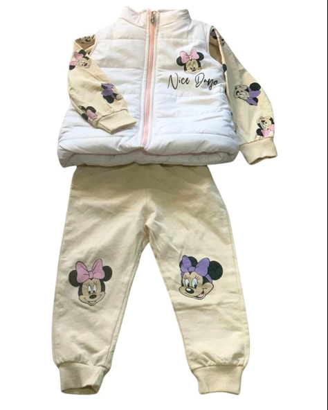 Kız Çocuk Minnie Mouse Baskılı Şişme Yelekli Takım (Beyaz)