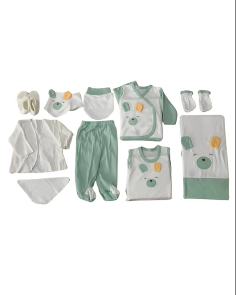 Organik 10 Parça Kulaklı Tavşan Nakışlı Lüx Yenidoğan Hastane Çıkışı Seti - 3