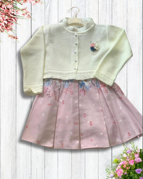 Kız Çocuk Çiçek Desenli Elbise Triko Hırka Takım (Pudra) - 2