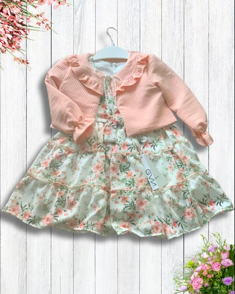 Kız Çocuk Elbise Hırka Tül Altlı Takım (Pudra) - 2