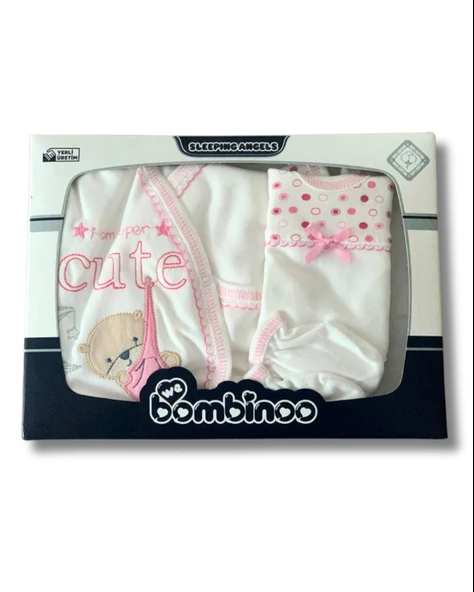 Organik 5 Parça Cute Ayıcık Nakışlı Yenidoğan Hastane Çıkışı Seti (Pembe) - 2