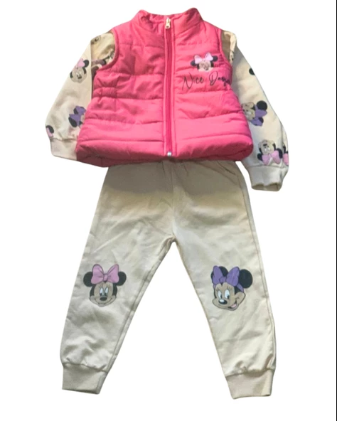 Kız Çocuk Minnie Mouse Baskılı Şişme Yelekli Takım (Fuşya)