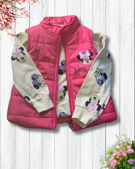 Kız Çocuk Minnie Mouse Baskılı Şişme Yelekli Takım (Fuşya) - Resim 3