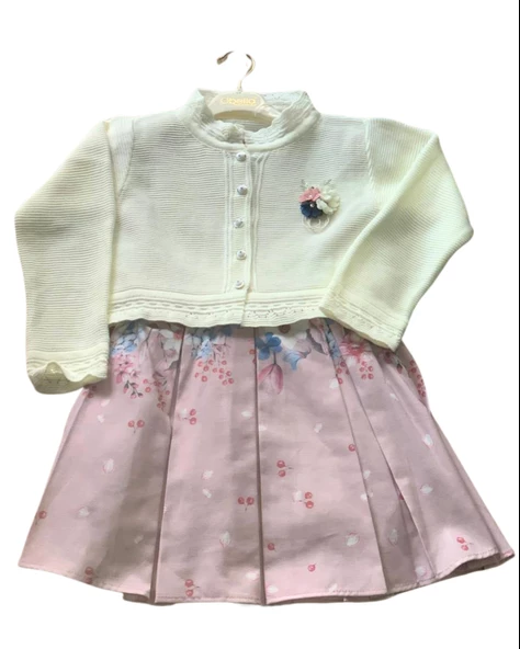Kız Çocuk Çiçek Desenli Elbise Triko Hırka Takım (Pudra)