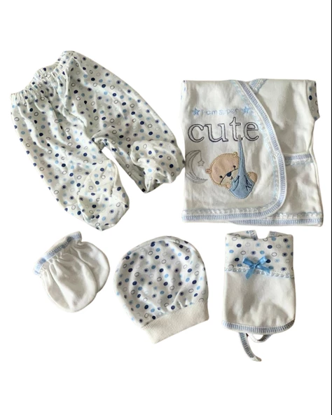 Organik 5 Parça Cute Ayıcık Nakışlı Yenidoğan Hastane Çıkışı Seti (Mavi) - 3