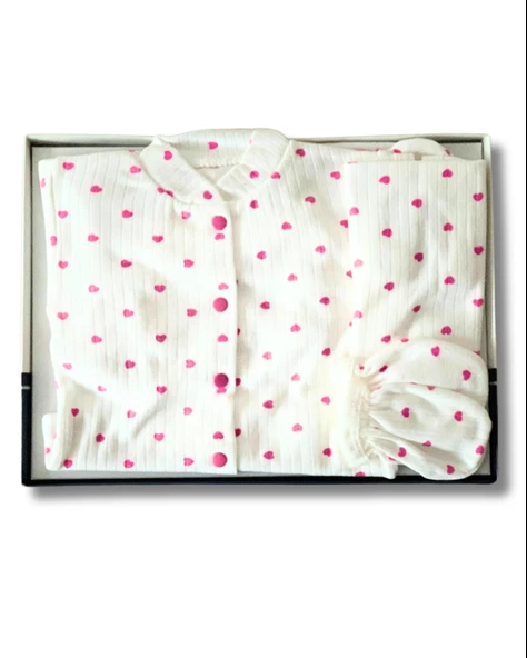 Organik 5 Parça Fitilli Kalp Baskılı Yenidoğan Hastane Çıkışı Seti (Pembe) - Resim 2