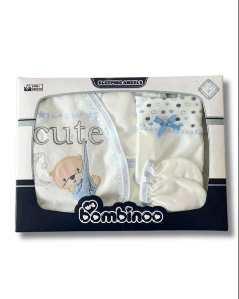 Organik 5 Parça Cute Ayıcık Nakışlı Yenidoğan Hastane Çıkışı Seti (Mavi) - 2