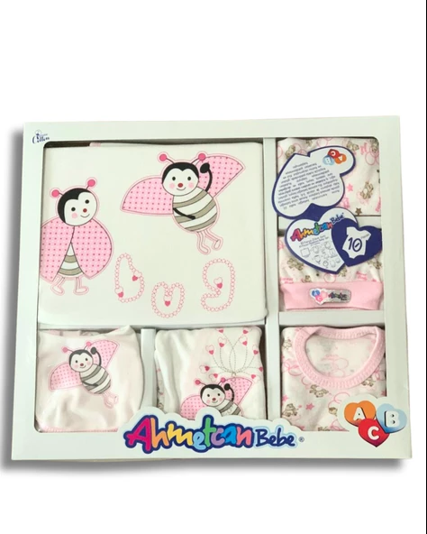 Organik 10 Parça Uğur Böceği Nakışlı Yenidoğan Hastane Çıkışı Seti (Pembe) - 2