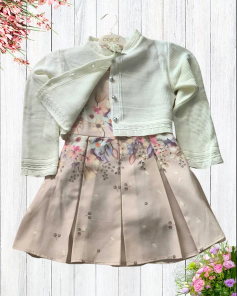 Kız Çocuk Çiçek Desenli Elbise Triko Hırka Takım (S.Kahve) - 2