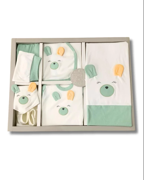 Organik 10 Parça Kulaklı Tavşan Nakışlı Lüx Yenidoğan Hastane Çıkışı Seti - 4