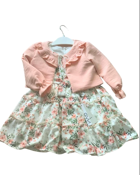 Kız Çocuk Elbise Hırka Tül Altlı Takım (Pudra)