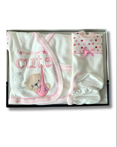 Organik 5 Parça Cute Ayıcık Nakışlı Yenidoğan Hastane Çıkışı Seti (Pembe) - 3