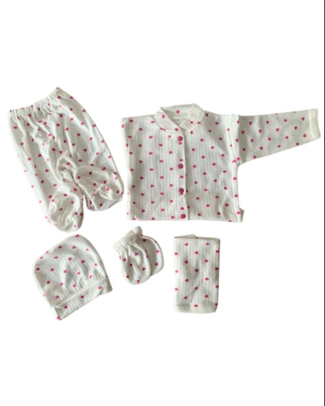 Organik 5 Parça Fitilli Kalp Baskılı Yenidoğan Hastane Çıkışı Seti (Pembe) - Resim 3