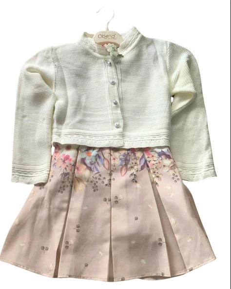 Kız Çocuk Çiçek Desenli Elbise Triko Hırka Takım (S.Kahve)