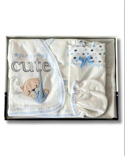 Organik 5 Parça Cute Ayıcık Nakışlı Yenidoğan Hastane Çıkışı Seti (Mavi) - 4