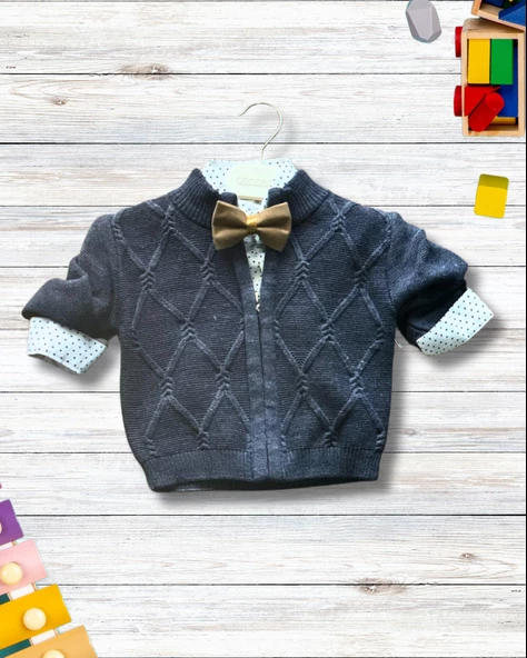 Erkek Bebek Aylık Hırka Gömlek Pantolon ve Papyonlu Takım (Lacivert) - 2