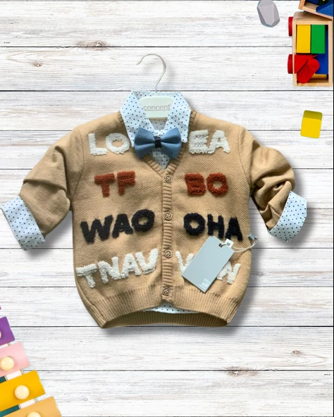 Erkek Bebek Aylık Hırka Gömlek Pantolon ve Papyonlu Nakışlı Takım (Krem) - 3