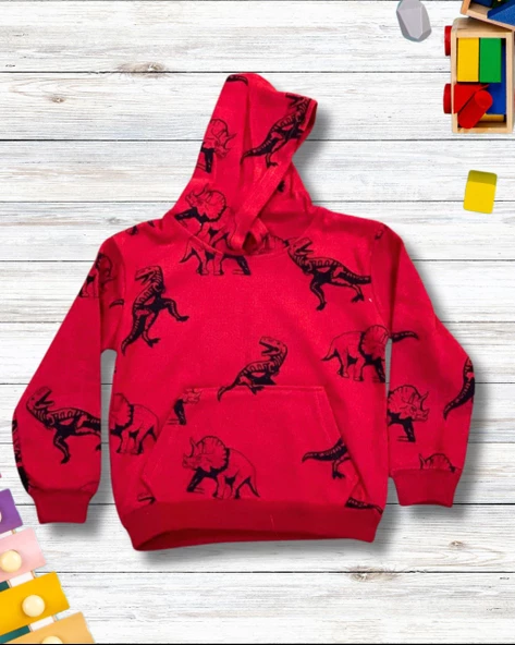 Dinozor Baskılı Kapüşonlu Erkek Çocuk Sweatshirt (Kırmızı) - 3