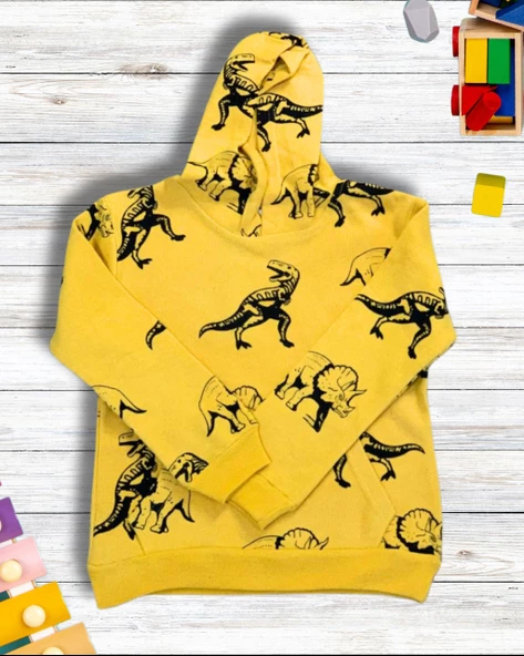 Dinozor Baskılı Kapüşonlu Erkek Çocuk Sweatshirt (Sarı) - 2
