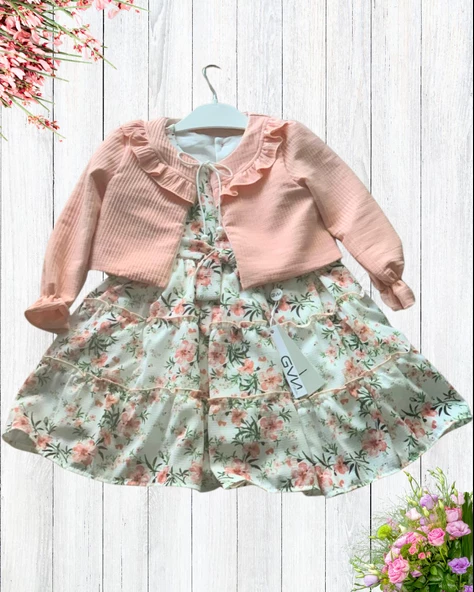 Kız Bebek Elbise Hırka Tül Altlı Takım (Pudra) - 2