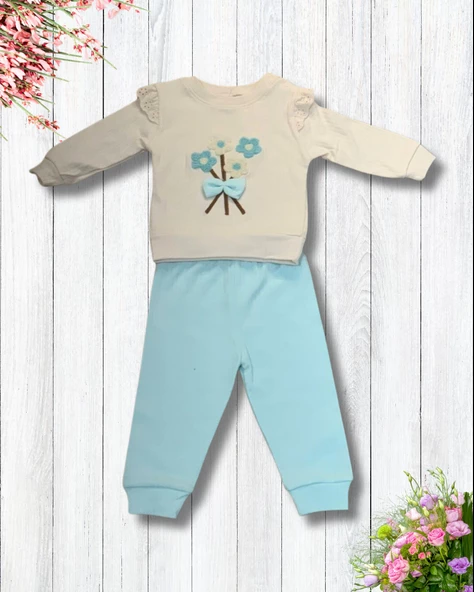 Çiçekli Volanlı Kol Aylık Kız Bebek Takım (Mavi) - Resim 2