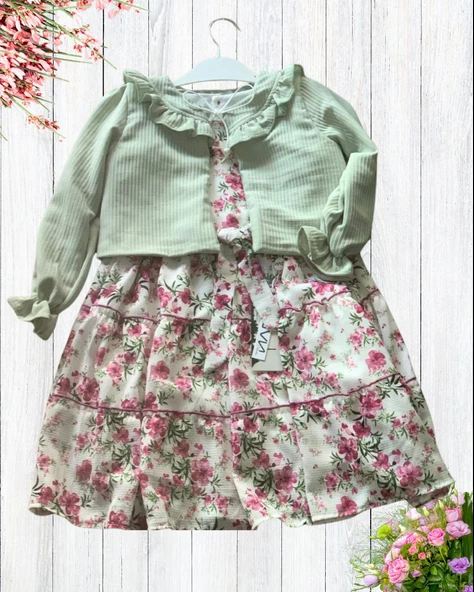 Kız Bebek Elbise Hırka Tül Altlı Takım (Yeşil) - 2