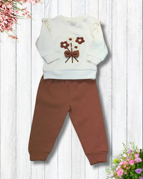Çiçekli Volanlı Kol Aylık Kız Bebek Takım (Kahve) - 2