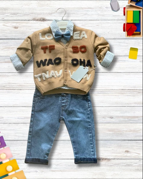 Erkek Bebek Aylık Hırka Gömlek Pantolon ve Papyonlu Nakışlı Takım (Krem) - 2