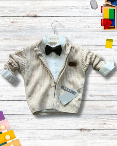 Erkek Bebek Aylık Hırka Gömlek Pantolon ve Papyonlu Takım (Krem) - 2