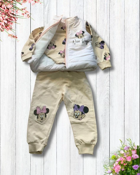 Kız Bebek Minnie Mouse Baskılı Şişme Yelekli Takım (Beyaz) - Resim 2