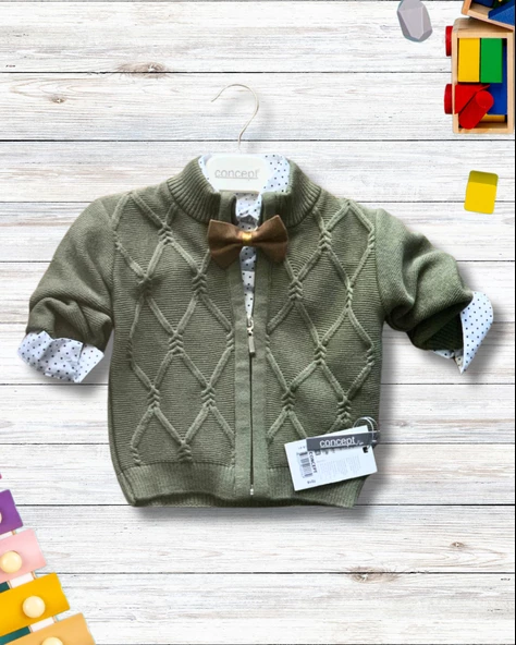 Erkek Bebek Aylık Hırka Gömlek Pantolon ve Papyonlu Takım (Haki) - 2