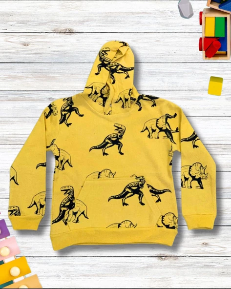 Dinozor Baskılı Kapüşonlu Erkek Çocuk Sweatshirt (Sarı) - 3