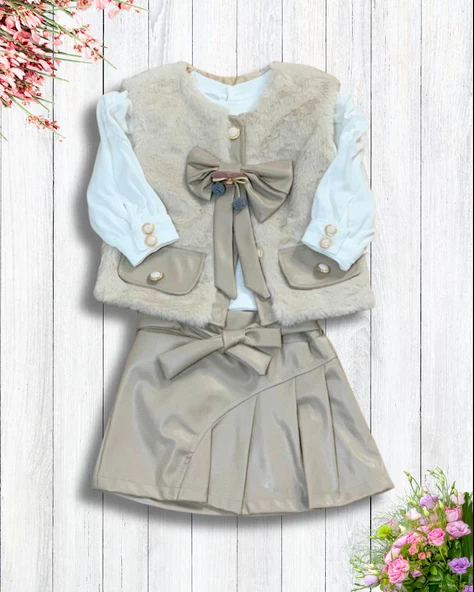 Kız Bebek Aylık Deri Etek Peluş Yelek Penye Sweat Takım - Resim 2