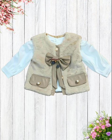 Kız Bebek Aylık Deri Etek Peluş Yelek Penye Sweat Takım - Resim 3