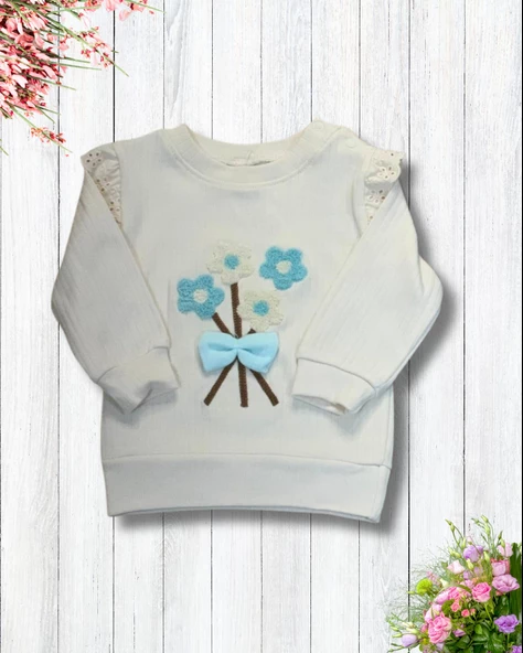 Çiçekli Volanlı Kol Aylık Kız Bebek Takım (Mavi) - Resim 3