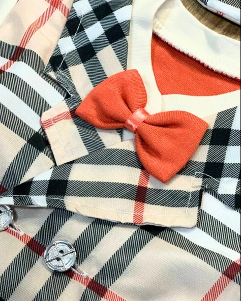 Kareli Papyonlu Erkek Bebek Tulum (Turuncu) - Resim 2