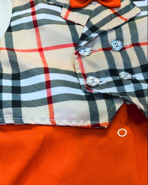 Kareli Papyonlu Erkek Bebek Tulum (Turuncu) - Resim 5