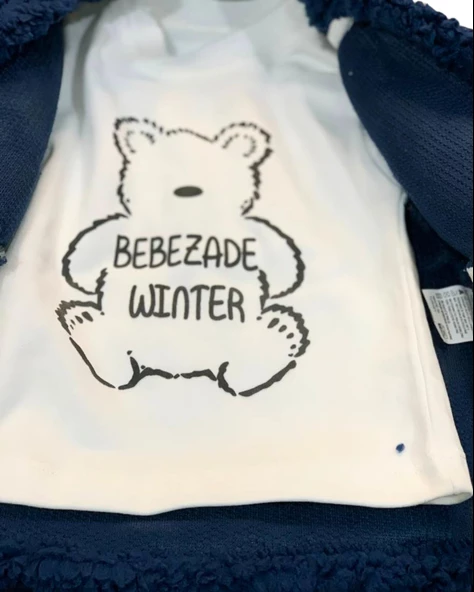 Peluş Montlu Erkek Bebek Takım (Lacivert) - Resim 4