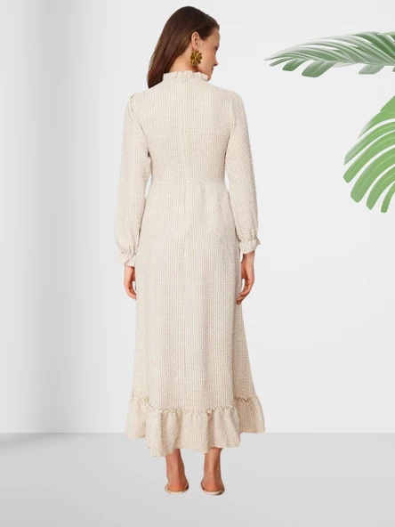 Volanlı Kareli Esnek Uzun Elbise - Resim 4