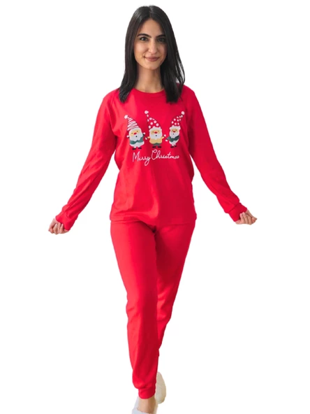 Baskılı Pamuk Kadın Yeni Yıl Pijama Takımı (Noel Baba)
