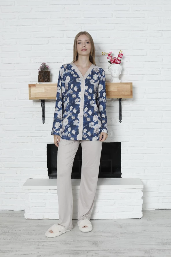 Limissi Viskon Desenli Lacivert Pijama Takımı %100 Pamuk - 2