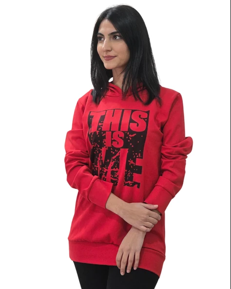 Baskılı Kapüşonlu Swaetshirt (Kırmızı)