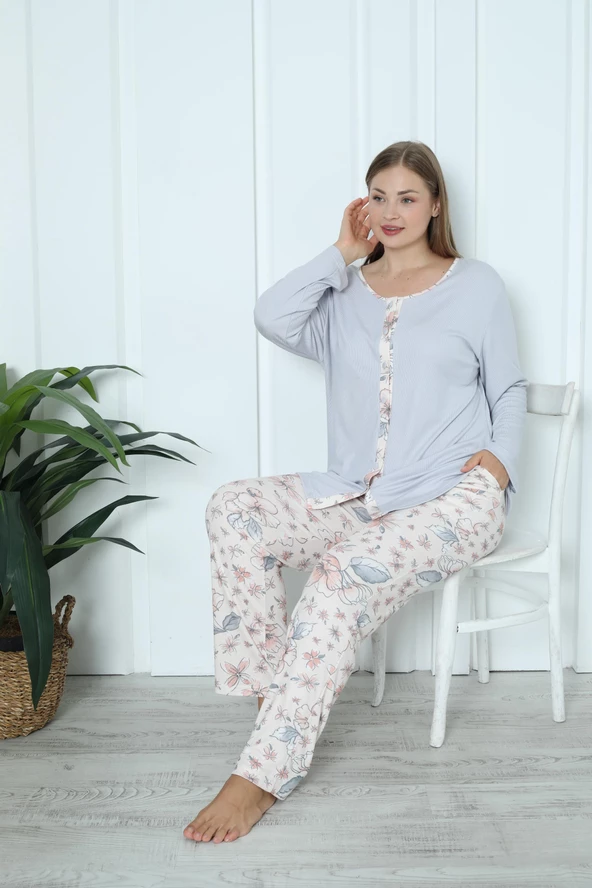 Limissi Viskon Büyük Beden Desenli Melisa Gri Pijama Takımı %100 Pamuk - Resim 2