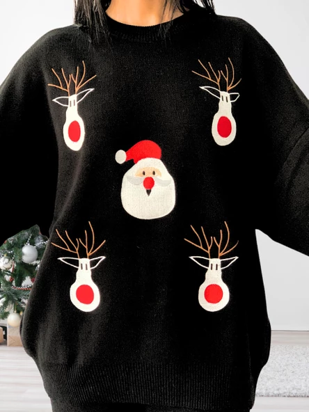 Kadın Uzun Kol Yeni Yıl Nakışlı Bisiklet Yaka Triko Kazak Pantolon Takım (Siyah) - Resim 3