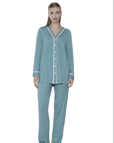 Limissi Viskon Çizgili Yeşil Pijama Takımı %100 Pamuk