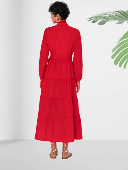 Dökümlü Sıfır Yaka Kırmızı Kloş Elbise - Resim 4